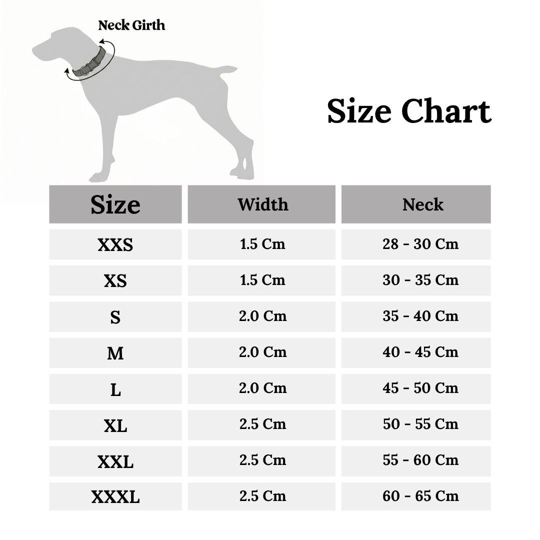 Dog size chart with neck girth measurements on a white background