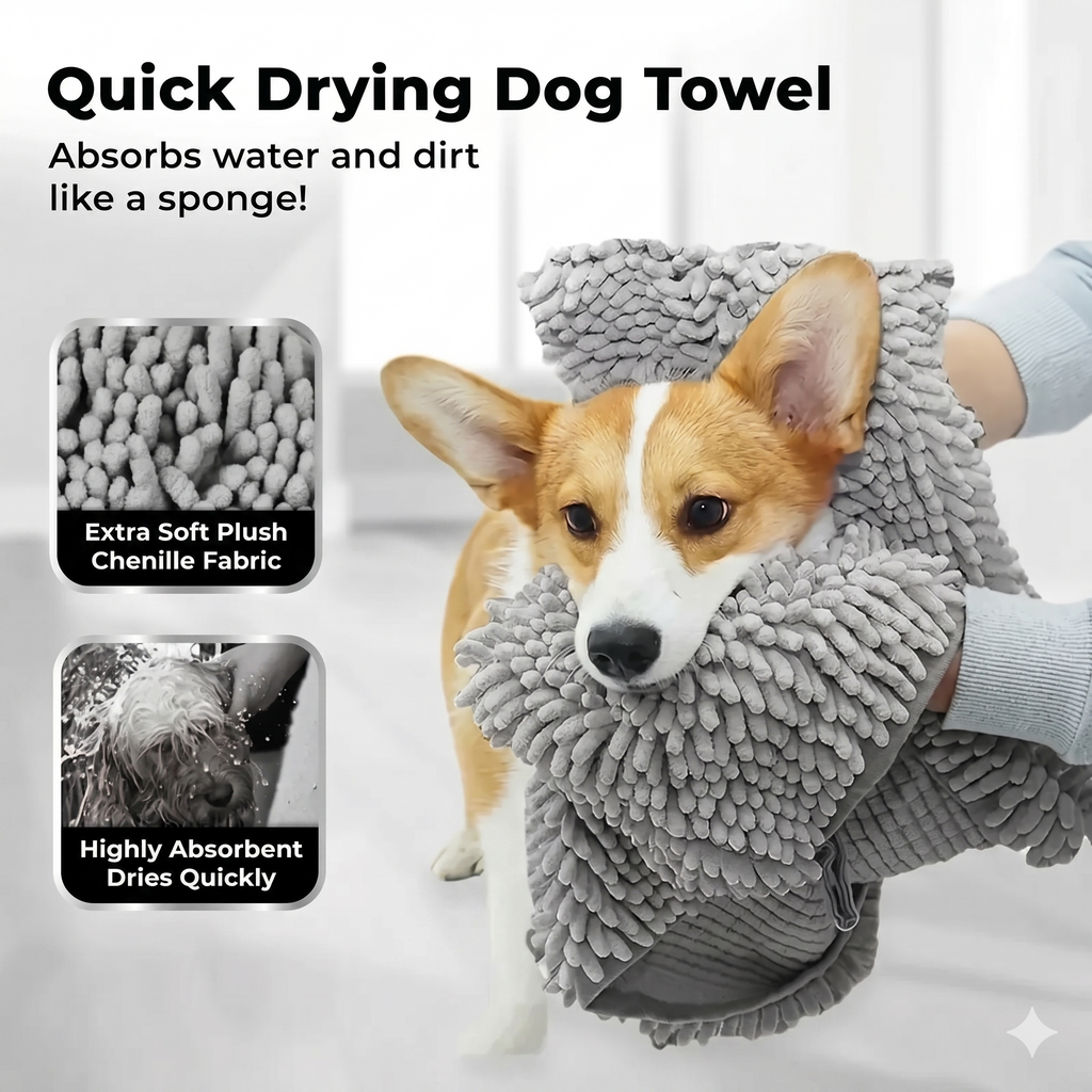 Dog wrapped in a gray quick-drying towel with text and close-up images of the towel's features.