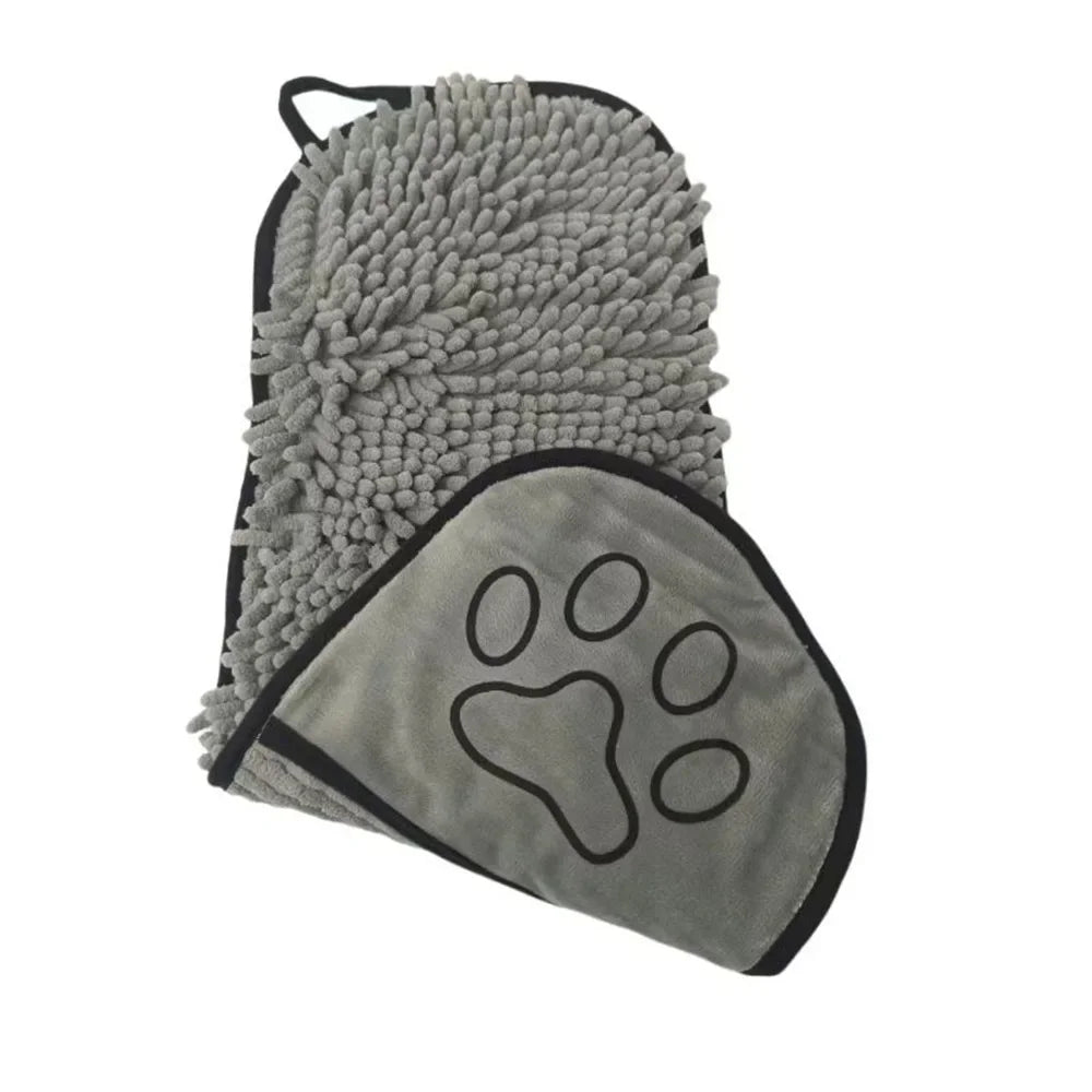 Gray microfiber cleaning mitt with a paw print design on a white background