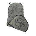 Gray microfiber cleaning mitt with a paw print design on a white background