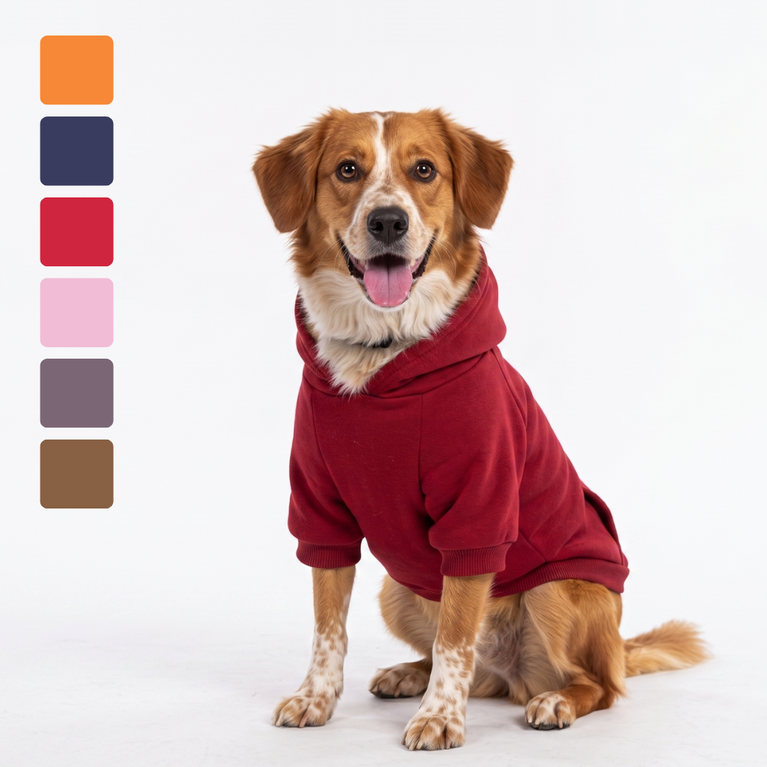 Dog wearing a red hoodie with color swatches on a white background